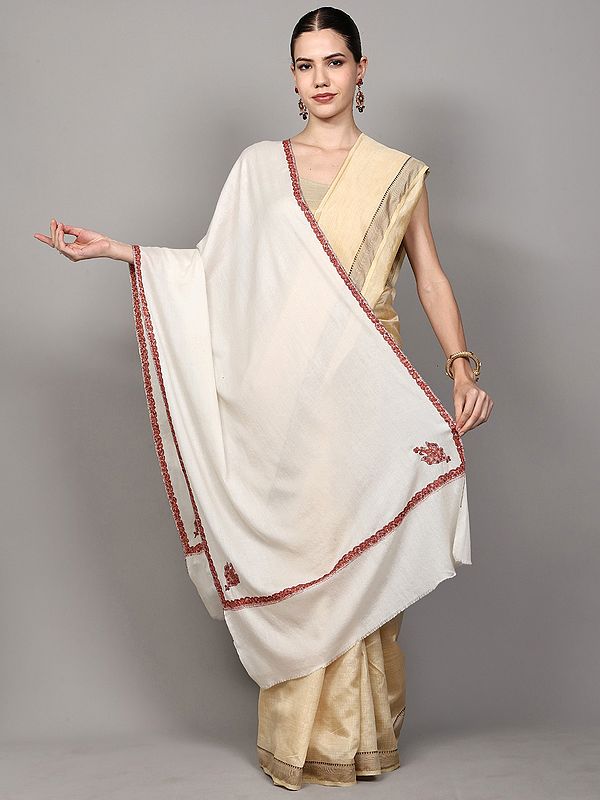 Ivory Tusha Stole with Hashidar Hand Embroidery on Border from Kashmir