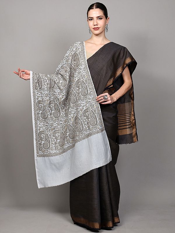 Wool Stole from Amritsar with All-Over Thread Embroidered Giant Paisleys and Flowers