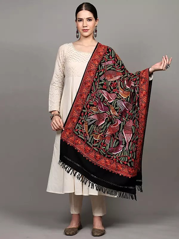Pure Wool Stole from Kashmir with Aari Hand-Embroidered Birds on Tree Branches