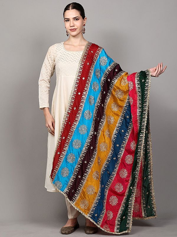 Multicolor Patchwork Dupatta with Embroidered Chakra in Golden Thread and Lace Border from Amritsar