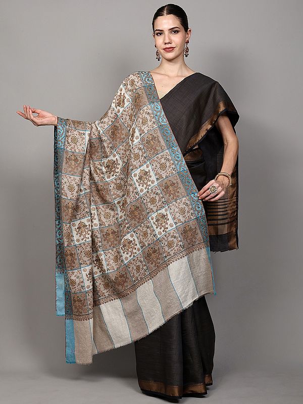 Kashmiri Pure Pashmina Shawl with Dual-Color Box Patterns and Floral Sozni Embroidery by Hand