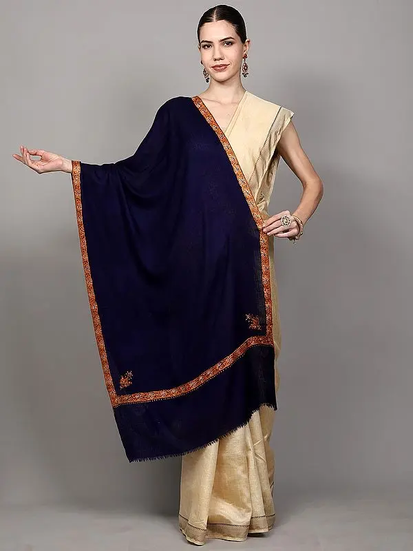 Medieval-Blue Diamond Weave Tusha Stole from Kashmir with Hashidar Hand Embroidery on Border