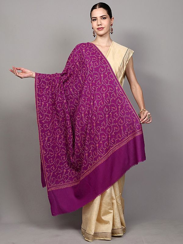 Purple-Orchid Fine Pure Wool Shawl with Sozni Hand-Embroidered Floral Jaaldar Patterns from Srinagar