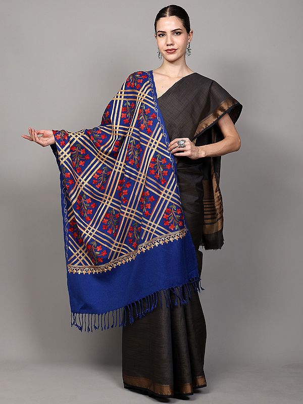 Wool Stole with Aari Embroidered Flowers and Jaal Patterns