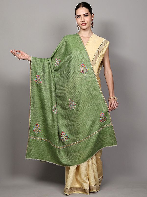 Aspen-Green Pue Pashmina Shawl with Floral Botidar Sozni Embroidery by Hand and Diamond Weave