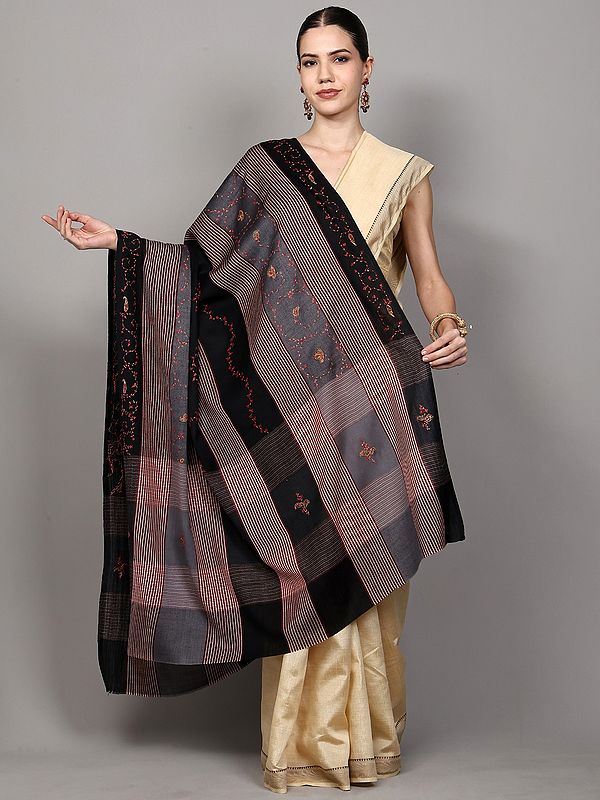 Black and Gray Sozni Embroidered Shawl with Stripe Weave from Amritsar