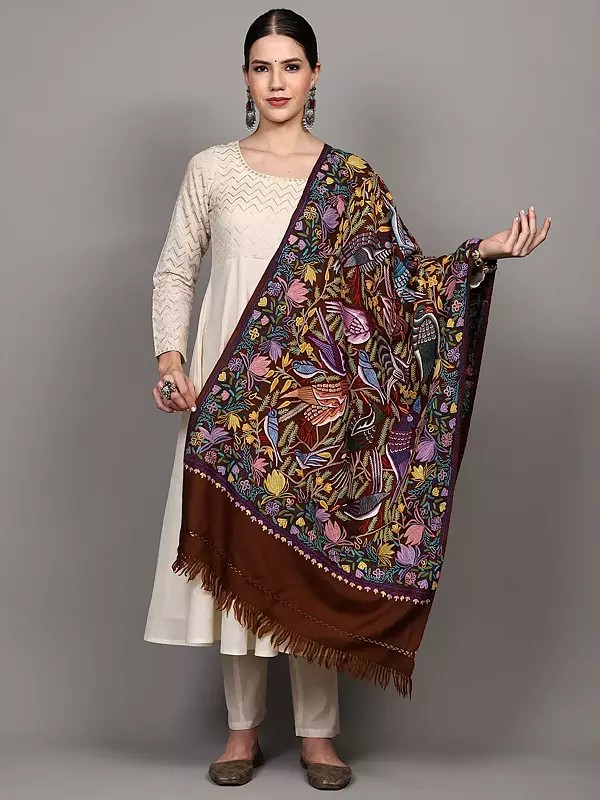 Pure Wool Stole with Aari Hand-Embroidered Birds and Flowers from Srinagar