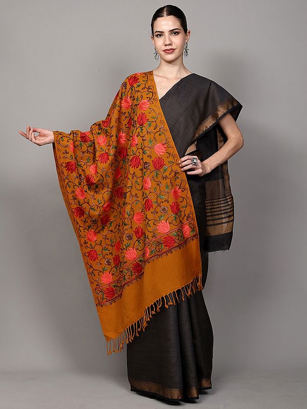 Inca-Gold Wool Stole with Aari Embroidered Lotus Floral Vines from Punjab