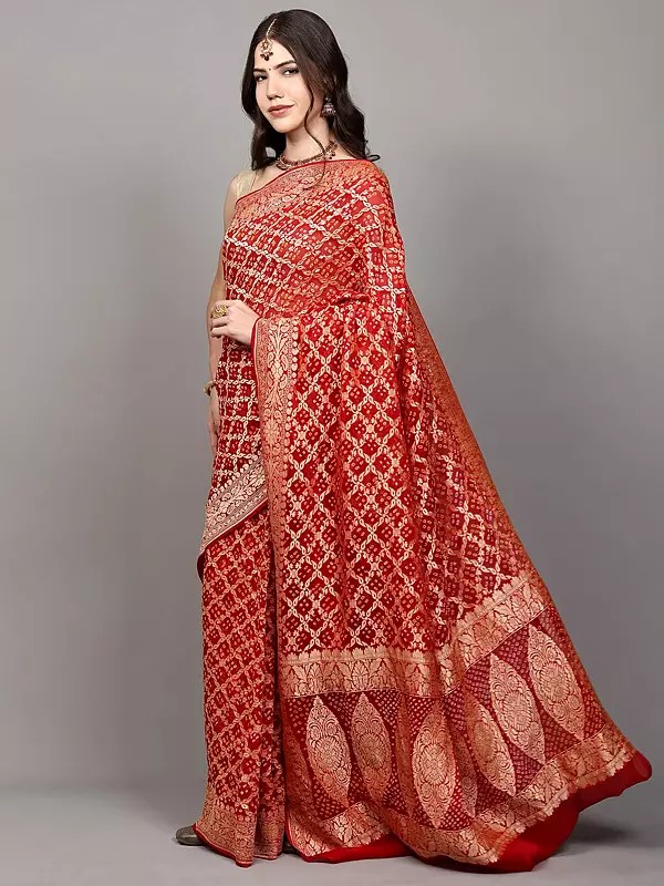 Tango-Red Georgette Bandhani Saree with Zari Woven Floral-Paisley jaal from Gujarat