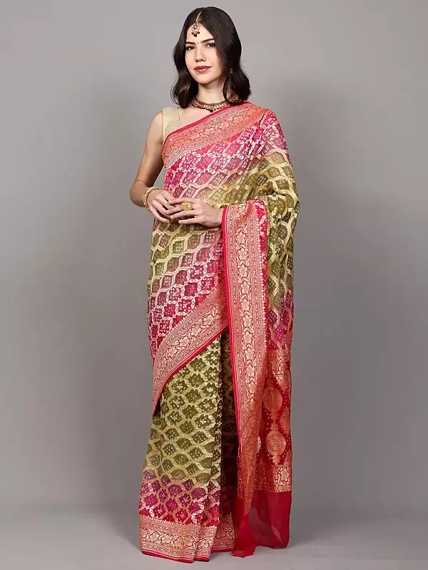 Dual-Shaded Georgette Bandhani Saree with Zari Woven Floral Jaal from Gujarat