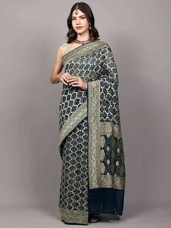 Legion-Blue Georgette Bandhani Saree with All-Over Zari Weave from Gujarat