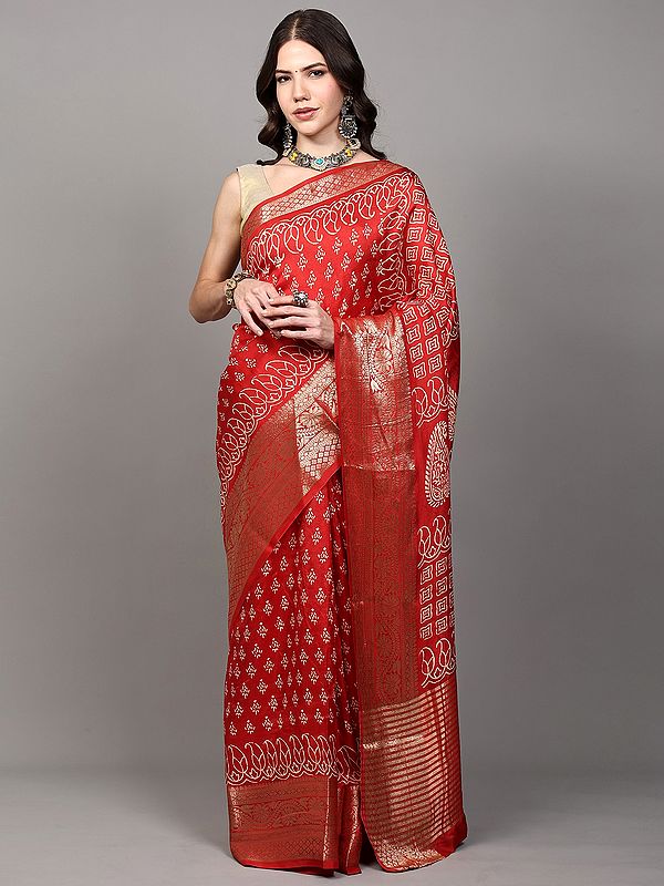 Aurora-Red Dola Silk Saree with Printed Bootis and Zari Woven Floral Vine Border