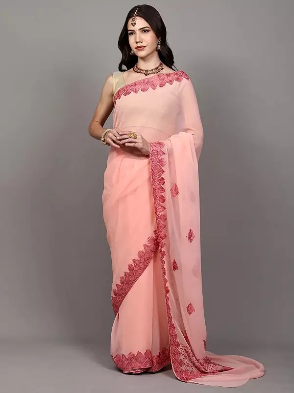 Impatiens-Pink Georgette Saree with Aari Embroidered Paisleys Border and Pallu from Kashmir