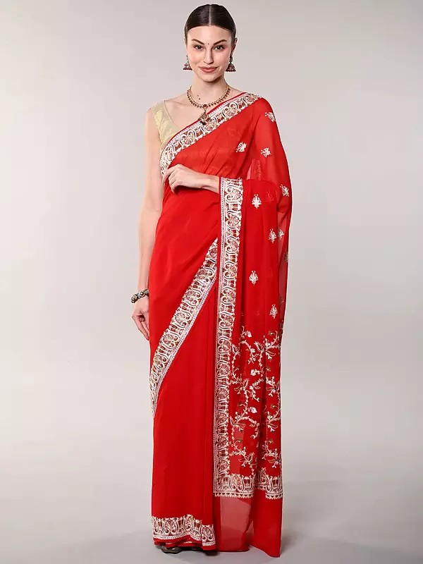 Georgette Saree with Multicolor Aari Embroidered Floral Motifs from Kashmir