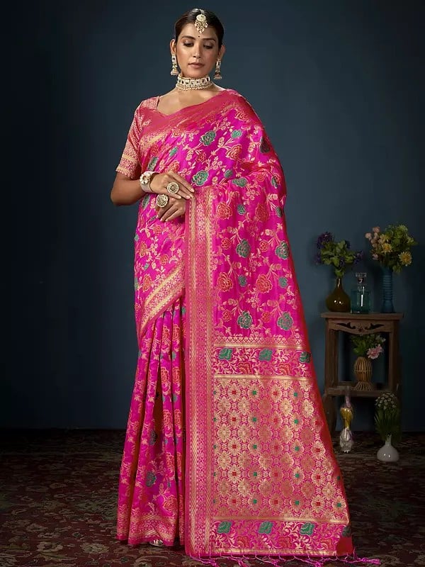 Dark-Hot-Pink Banarasi Art Silk Woven Work Floral Saree With Attractive Tassels Pallu