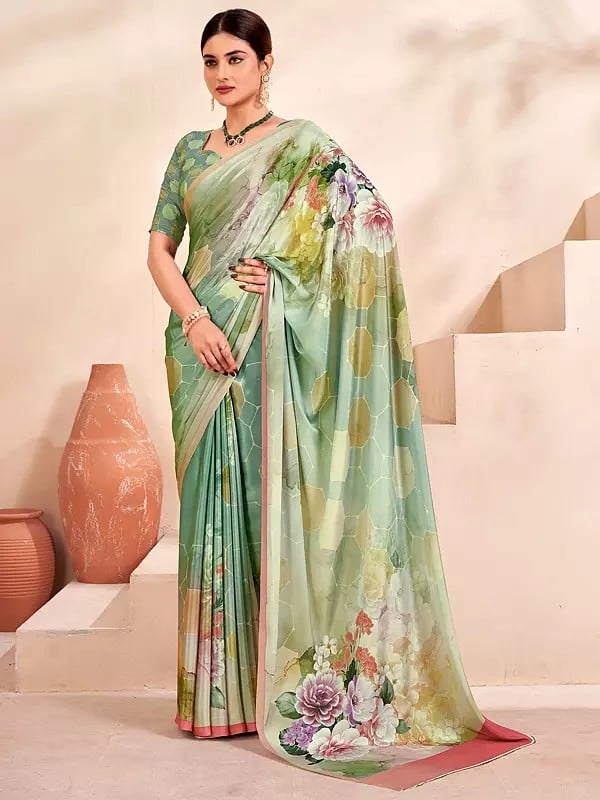 Crepe Soft Silk Digital Print Party Wear Multicolor Saree With Floral Pallu