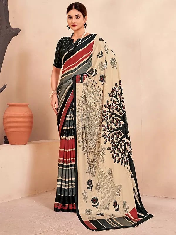 Crepe Soft Silk Digital Print Striped And Floral Festival Wear Saree With Blouse