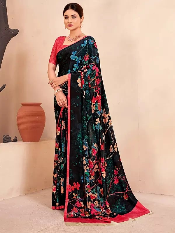 All Over Floral Digital Print Festival Wear Crepe Soft Silk Saree With Blouse