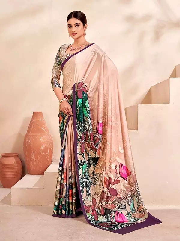 Rose-Gold Digital Print Designer Festival Wear Crepe Soft Silk Saree With Blouse