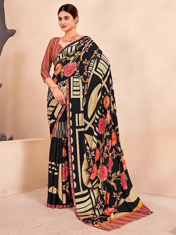 Digital Print Beautiful Floral Party Wear Crepe Soft Silk Saree With Blouse