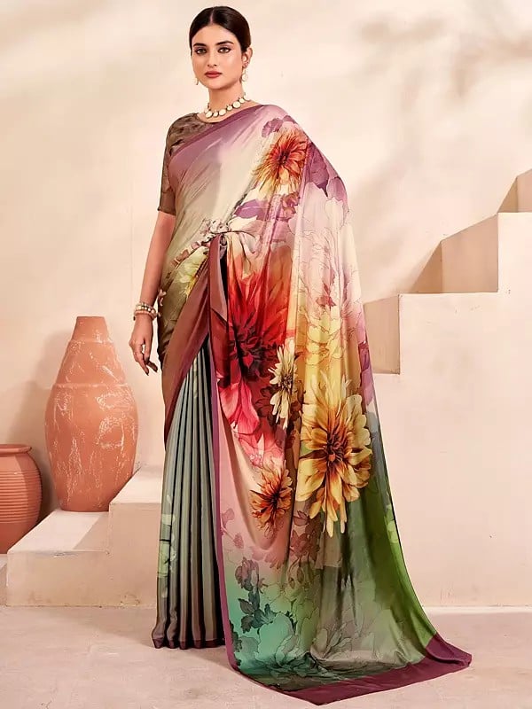 Crepe Soft Silk Floral Digital Print Designer Festival Wear Saree With Blouse