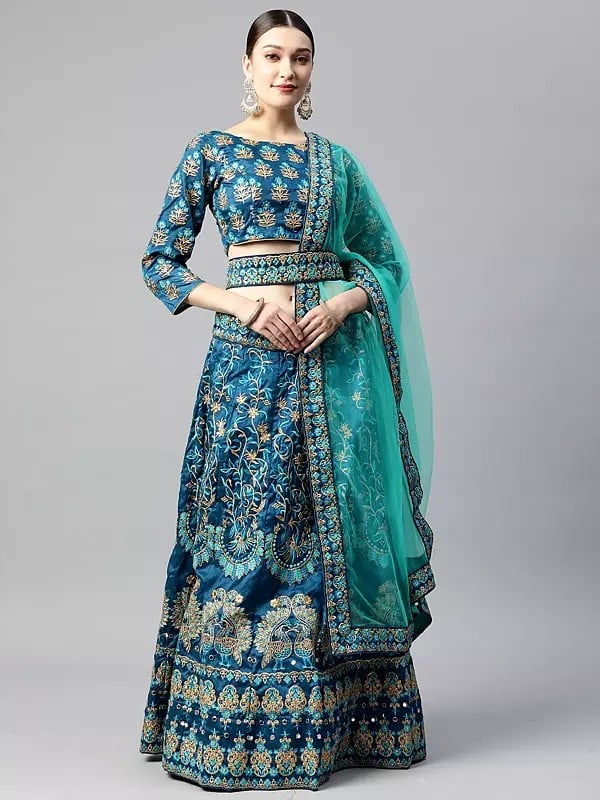 Silk Sequins And Peacock Embroidered Lehenga Choli With Net Dupatta