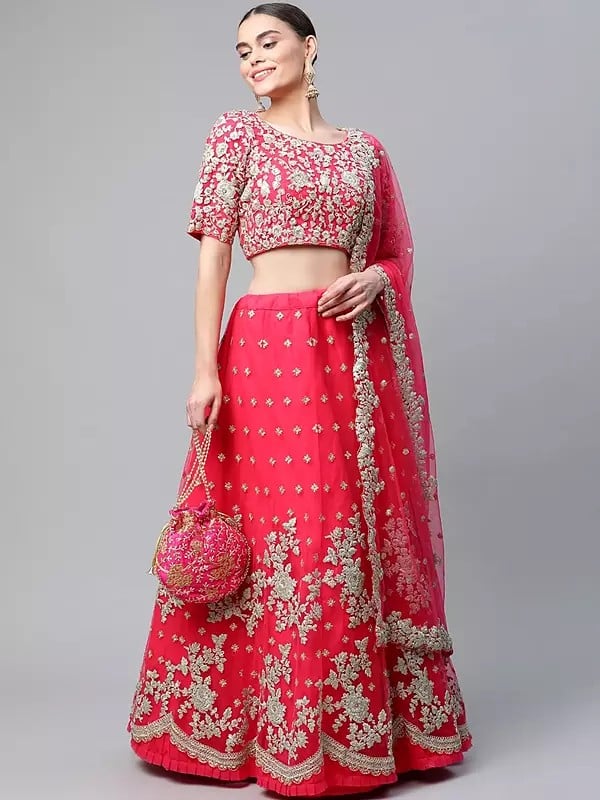 Net Zari And Thread Floral Embroidered Work Lehenga Choli With Matching Dupatta