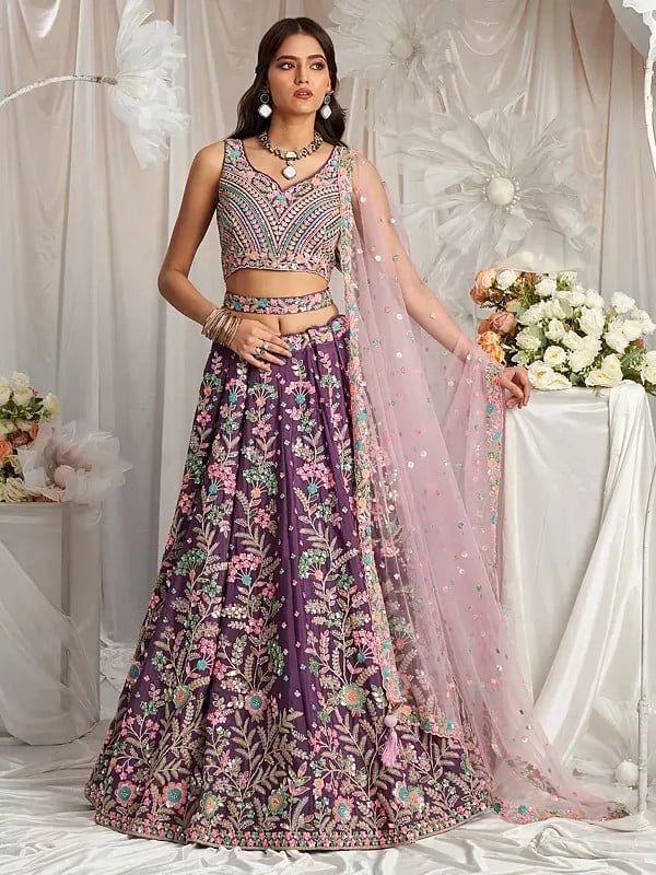 Poly Georgette Floral Thread Embroidery Work Lehenga Choli With Net Dupatta