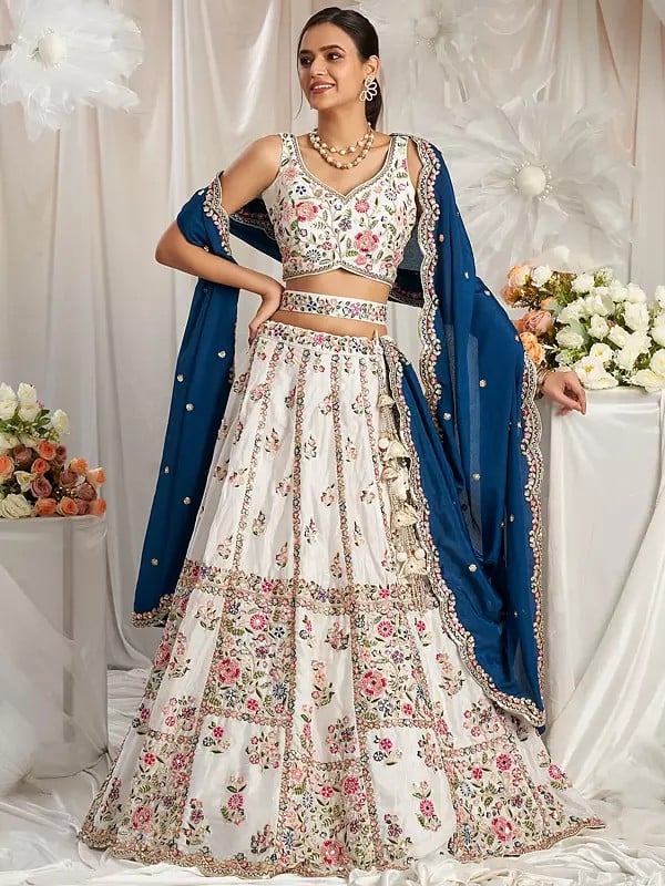 Poly Georgette Thread Embroidery Work Festival Wear Lehenga Choli With Attractive Dupatta