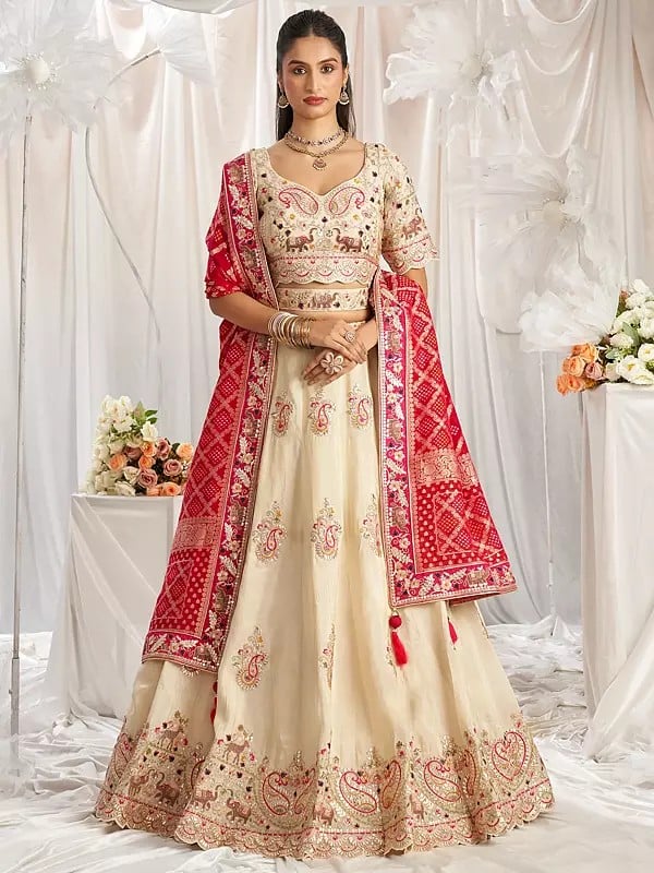 Tissue Thread Embroidery Work Lehenga Choli With Viscose Rayon Dupatta