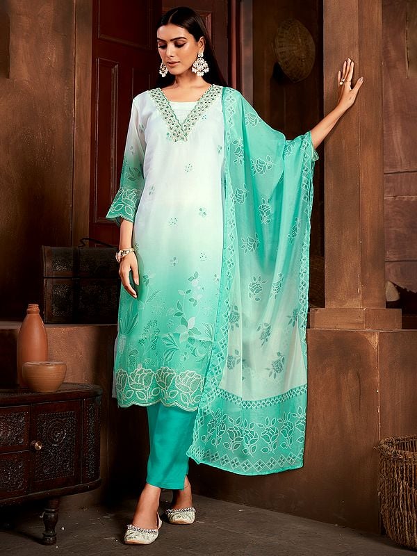 Seafoam-Blue Sequins Embroidery & Floral Digital Print Pure Organza Salwar Suit With Dupatta