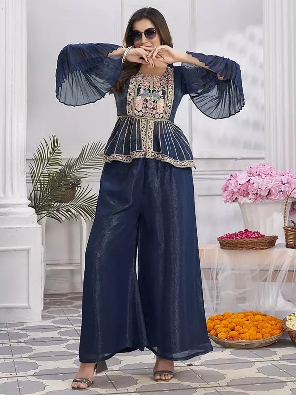 Shimmer Georgette Embroidery & Hand Work Crop Top Designer Party Wear Palazzo Suit