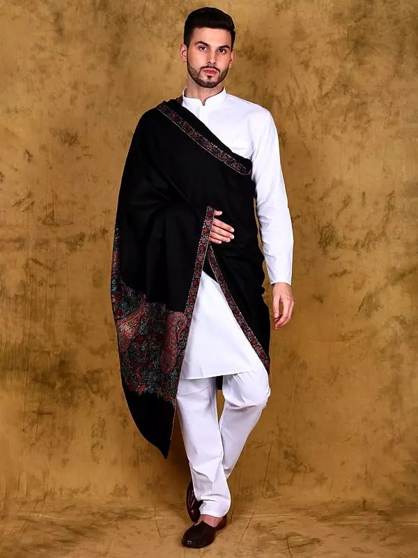 Black-Onyx Pure Pashmina Men's Shawl with Heavy Embroidered Paisleys and Multicolored Flowers