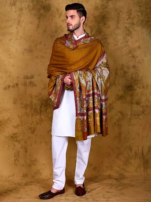 Golden-Yellow Pure Pashmina Men's Shawl with Paisleys and Floral Embroidered Border in Multicolor