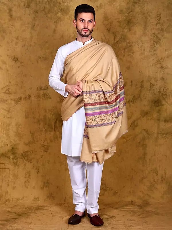 Honey-Peach Pure Pashmina Shawl for Men with Striped and Floral Vines Embroidered Border