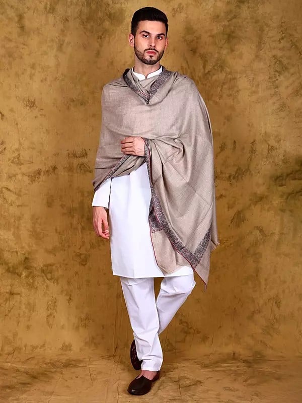 Gray-Morn Pure Pashmina Men's Shawl with Paisleys Embroidered Border