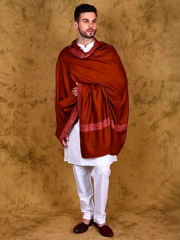 Rooibos-Tea Paisleys Embroidered Border Pure Pashmina Shawl for Men