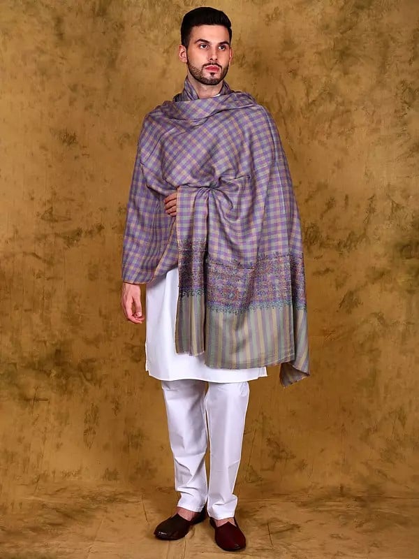 Multicolor Checkered Pattern Pure Pashmina Shawl for Men's with Sozni Embroidered Palla