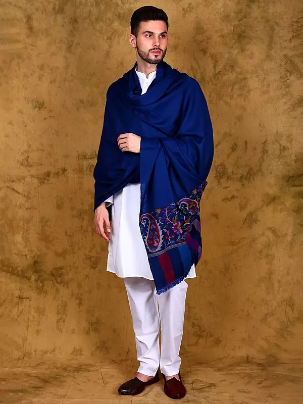 Sodalite-Blue Pure Pashmina Men's Shawl with Paisleys Woven Kani Border