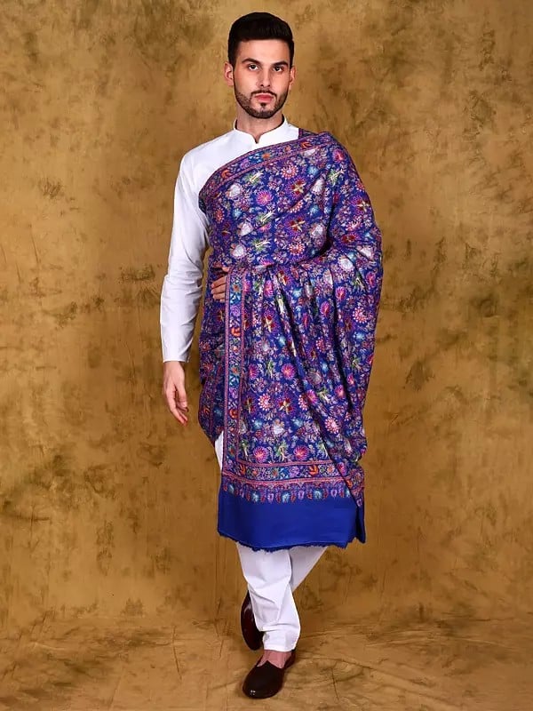 Mazarine-Blue Pure Pashmina Men's Shawl with Resham Hand Embroidered Flowers in Multicolor