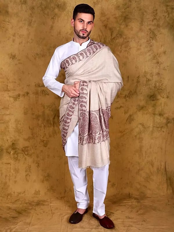 Whitecap-Gray Pure Pashmina Shawl for Men's with Embroidered Paisleys on Border