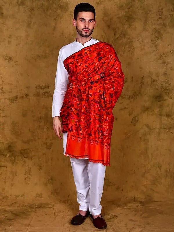 Cherry-Tomato Kani Jamawar Pure Pashmina Men's Shawl with Multi Coloured Flowers and Paisleys Weave