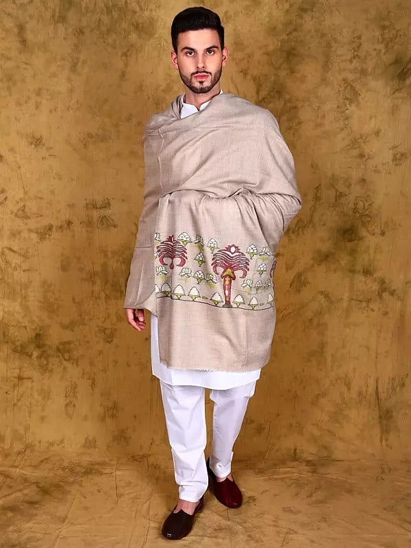 Sheer-Bliss Pure Pashmina Plain Shawl for Men's with Woven Tree on Border