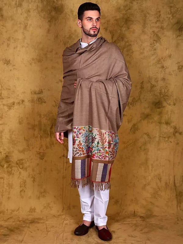 Ginger-Snap Pure Pashmina Men's Shawl with Floral Woven Kani Border