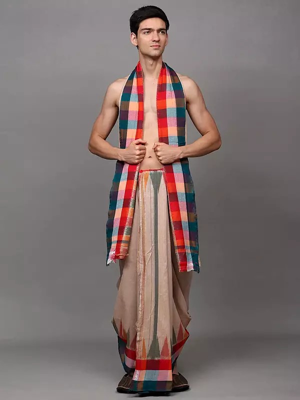 Dhoti and Angavastram Set with Woven Temple Border in Multicolor from Sambalpur