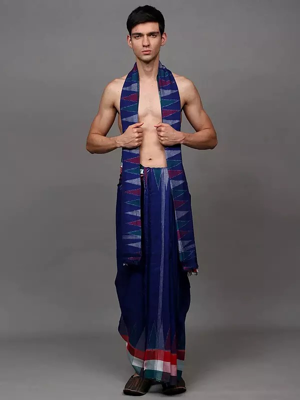 Dhoti and Angavastram Set with Woven Temple Border in Multicolor from Sambalpur