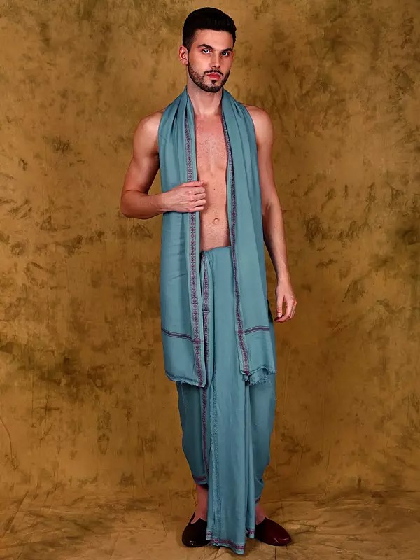 Jute Fiber Dhoti with Angavastram Set and Thread Woven Border from Varanasi