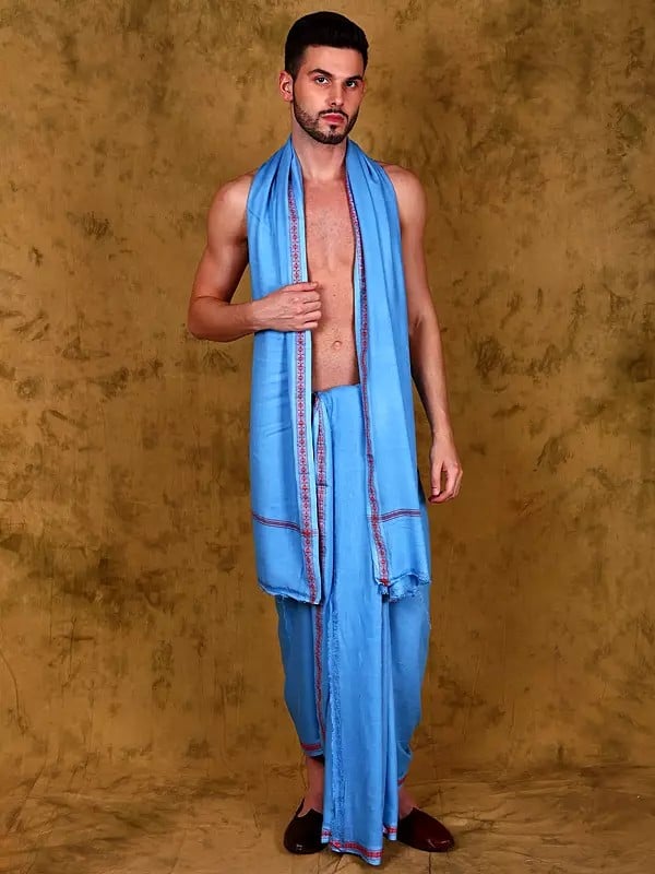 Jute Fiber Dhoti with Angavastram Set and Thread Woven Border from Varanasi