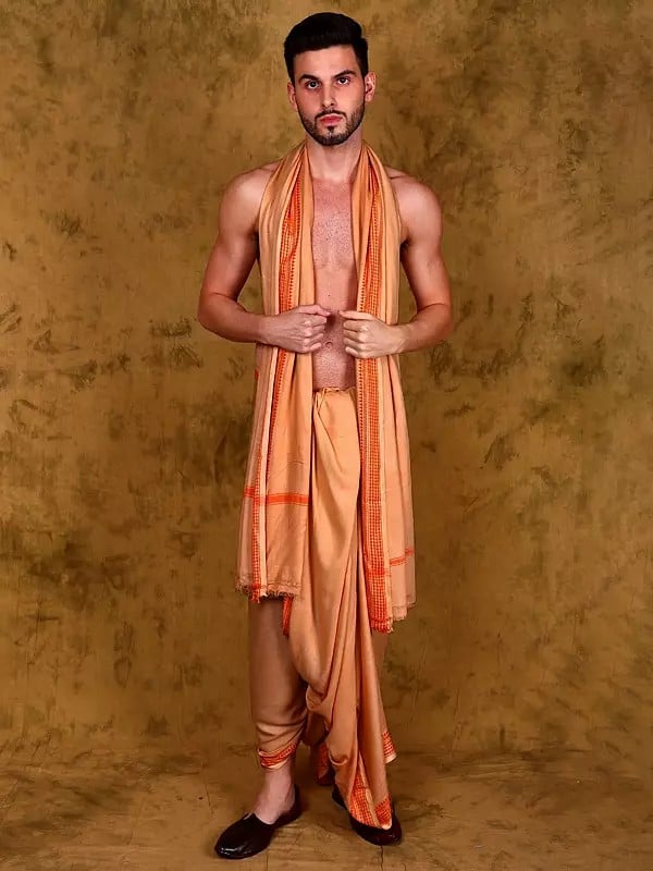 Jute Fiber Dhoti and Angavastram Set with Woven Border from Varanasi