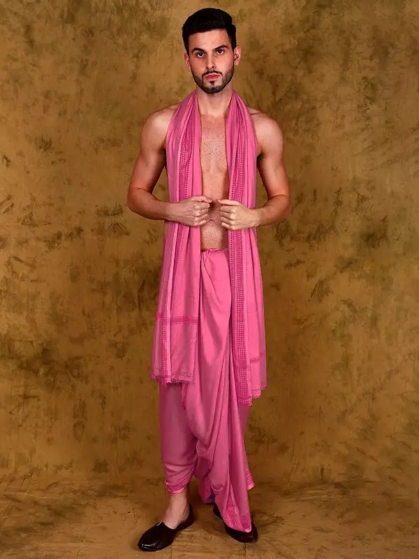 Jute Fiber Dhoti and Angavastram Set with Woven Border from Varanasi